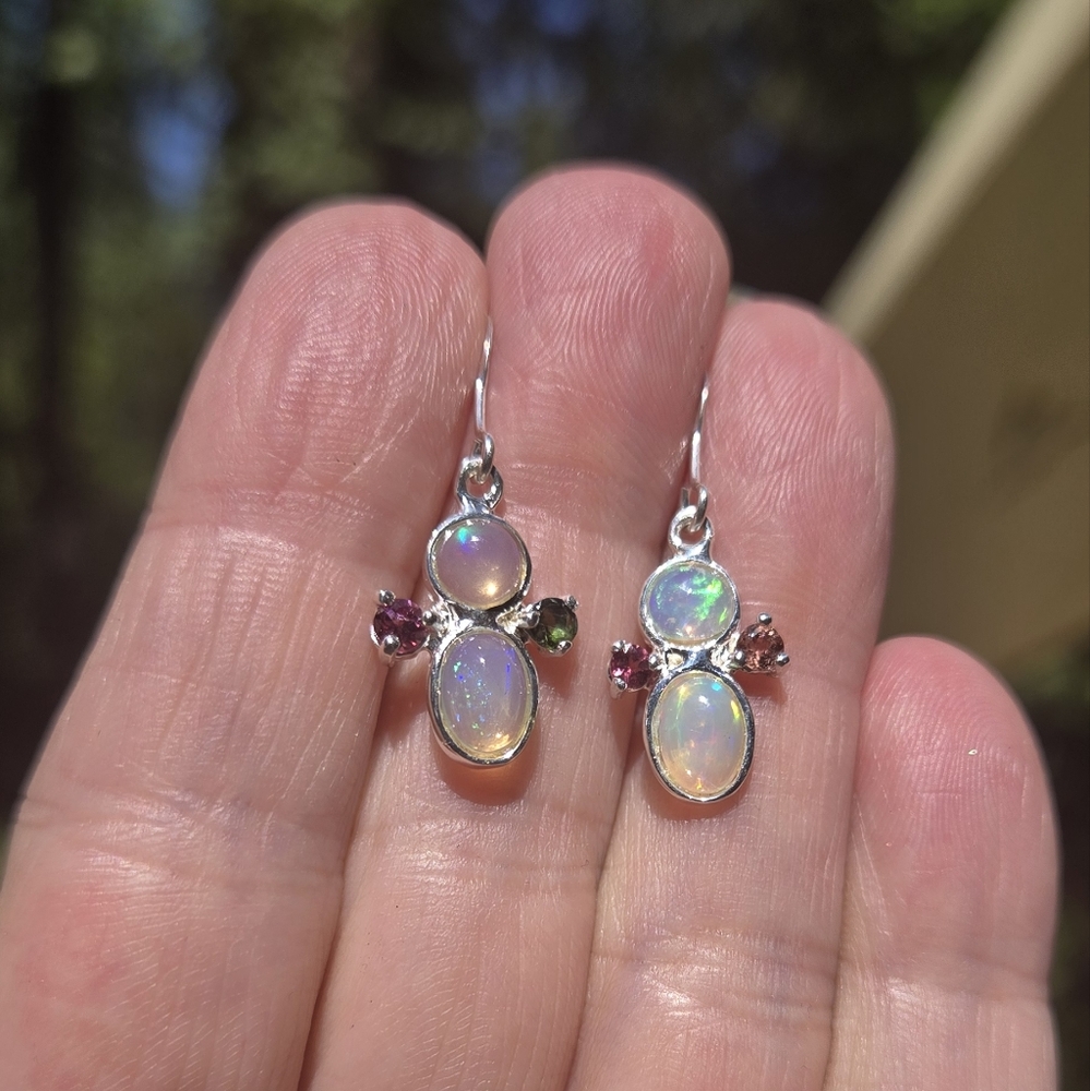 Opal 3k Each & Tourmaline Natural Gemstone Sterling Earrings - Picture 4 of 10
